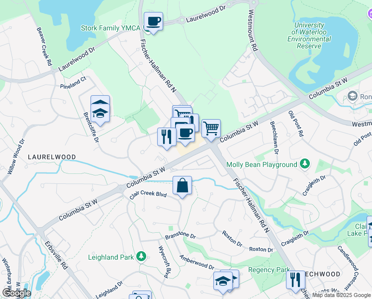 map of restaurants, bars, coffee shops, grocery stores, and more near 450 Columbia Street West in Waterloo