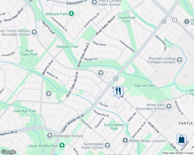 map of restaurants, bars, coffee shops, grocery stores, and more near 3 Martin Street in Oakville
