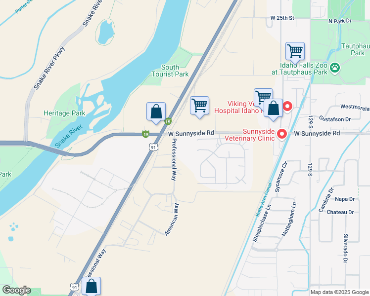 map of restaurants, bars, coffee shops, grocery stores, and more near 1055 West Sunnyside Road in Idaho Falls