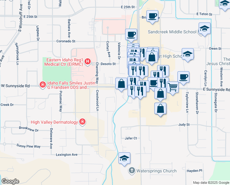 map of restaurants, bars, coffee shops, grocery stores, and more near 2366 East Sunnyside Road in Idaho Falls