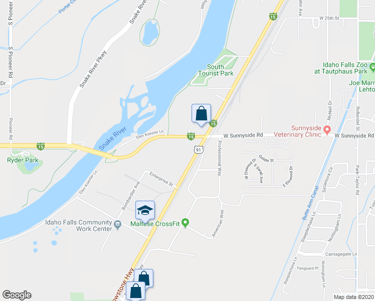 map of restaurants, bars, coffee shops, grocery stores, and more near 3450 South Yellowstone Highway in Idaho Falls