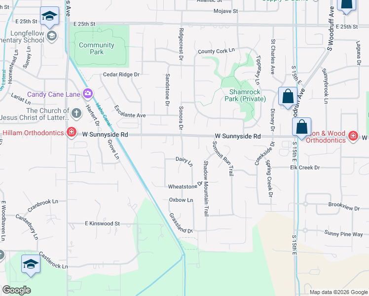 map of restaurants, bars, coffee shops, grocery stores, and more near 3385 Springfield Drive in Idaho Falls