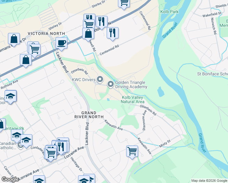 map of restaurants, bars, coffee shops, grocery stores, and more near 61 Quarry Park Place in Kitchener