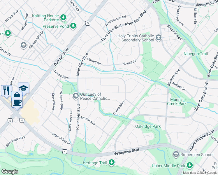 map of restaurants, bars, coffee shops, grocery stores, and more near 314 Leacock Avenue in Oakville