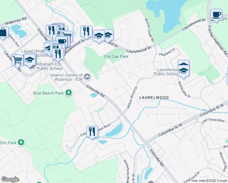 map of restaurants, bars, coffee shops, grocery stores, and more near 637 Woodlawn Place in Waterloo