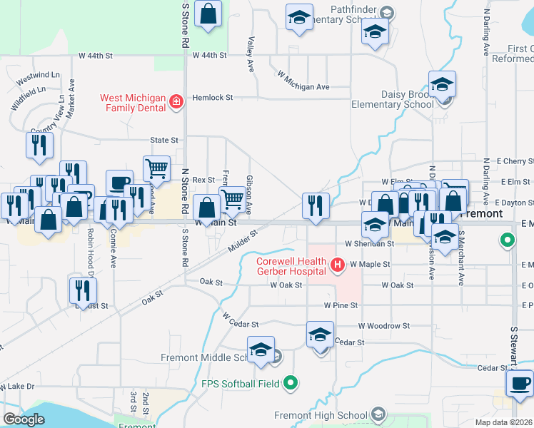 map of restaurants, bars, coffee shops, grocery stores, and more near 498 West Main Street in Fremont