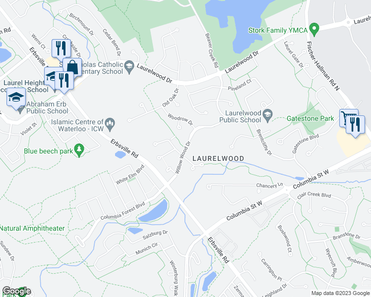map of restaurants, bars, coffee shops, grocery stores, and more near Willow Wood Drive in Waterloo