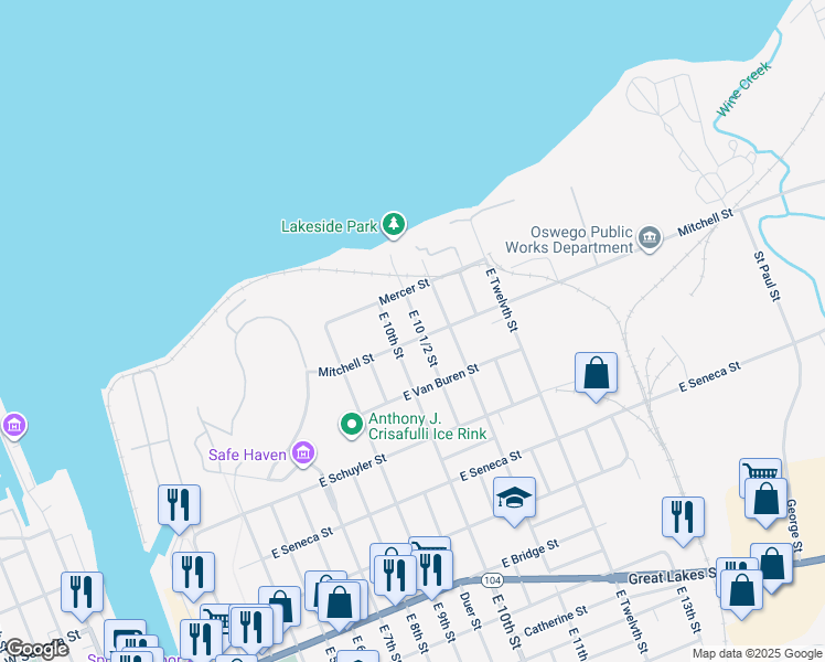 map of restaurants, bars, coffee shops, grocery stores, and more near 30 Mitchell Street in Oswego