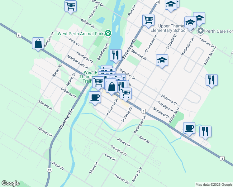 map of restaurants, bars, coffee shops, grocery stores, and more near 114 Saint Andrew Street in Mitchell