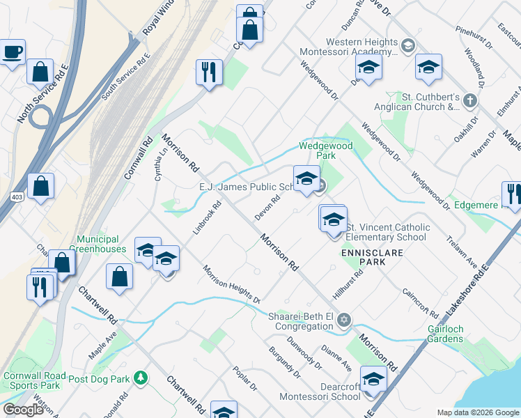 map of restaurants, bars, coffee shops, grocery stores, and more near in Oakville