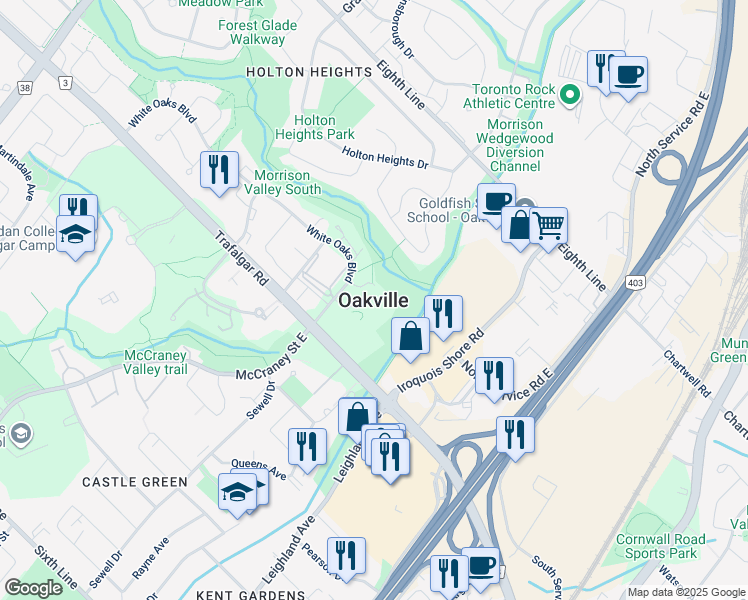map of restaurants, bars, coffee shops, grocery stores, and more near 84 Pebbleridge Place in Oakville