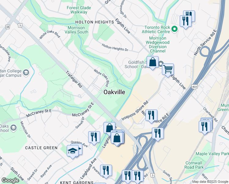 map of restaurants, bars, coffee shops, grocery stores, and more near 417 River Side Drive in Oakville