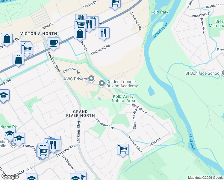 map of restaurants, bars, coffee shops, grocery stores, and more near 31 Forwell Road in Kitchener