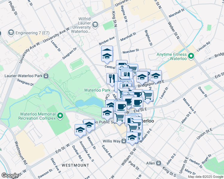 map of restaurants, bars, coffee shops, grocery stores, and more near 62 Albert Street in Waterloo
