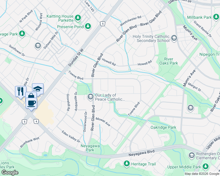 map of restaurants, bars, coffee shops, grocery stores, and more near 395 March Crescent in Oakville