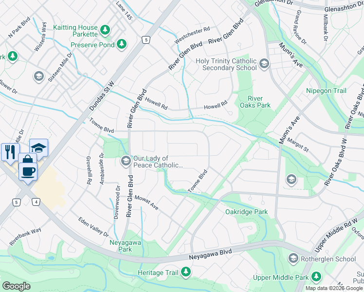 map of restaurants, bars, coffee shops, grocery stores, and more near 314 Leacock Avenue in Oakville