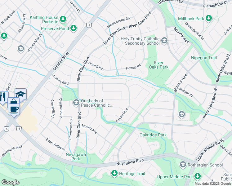 map of restaurants, bars, coffee shops, grocery stores, and more near 302 Leacock Avenue in Oakville
