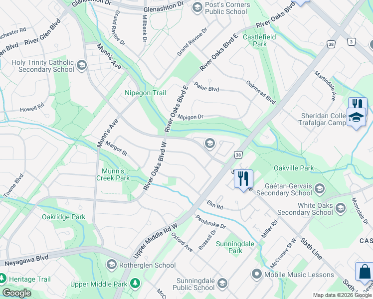 map of restaurants, bars, coffee shops, grocery stores, and more near 2065 Madden Boulevard in Oakville