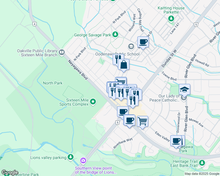 map of restaurants, bars, coffee shops, grocery stores, and more near 3087 Robert Brown Boulevard in Oakville