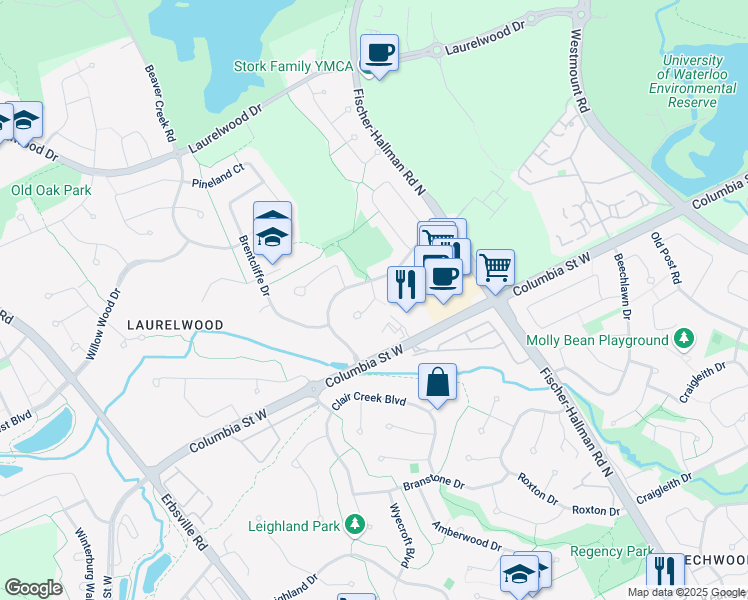map of restaurants, bars, coffee shops, grocery stores, and more near Baringham Place in Waterloo
