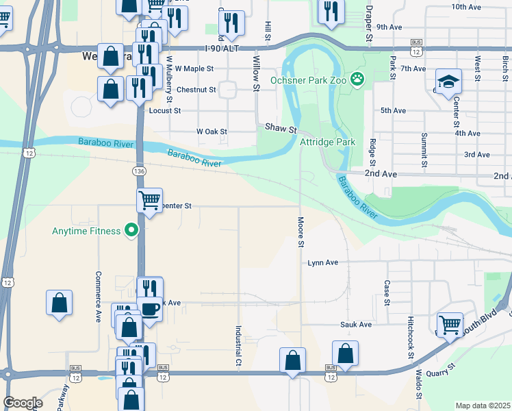 map of restaurants, bars, coffee shops, grocery stores, and more near E11229 Carpenter Street in Baraboo