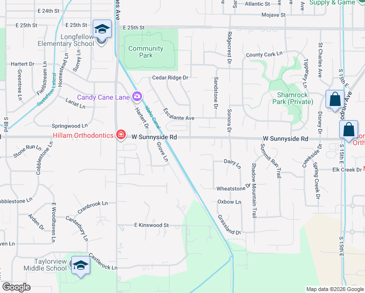 map of restaurants, bars, coffee shops, grocery stores, and more near 3457 Grove Lane in Idaho Falls