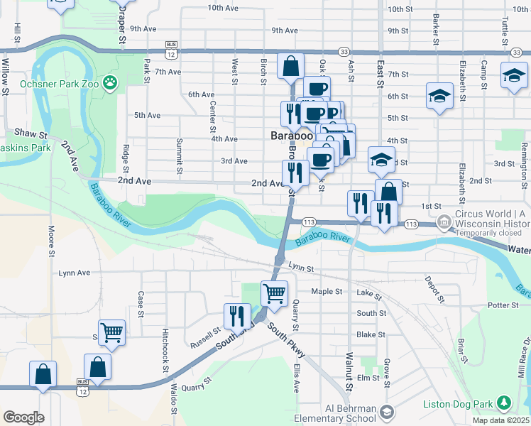 map of restaurants, bars, coffee shops, grocery stores, and more near 227 1st Avenue in Baraboo