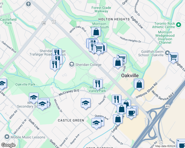 map of restaurants, bars, coffee shops, grocery stores, and more near in Oakville