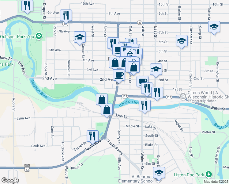 map of restaurants, bars, coffee shops, grocery stores, and more near 227 1st Avenue in Baraboo