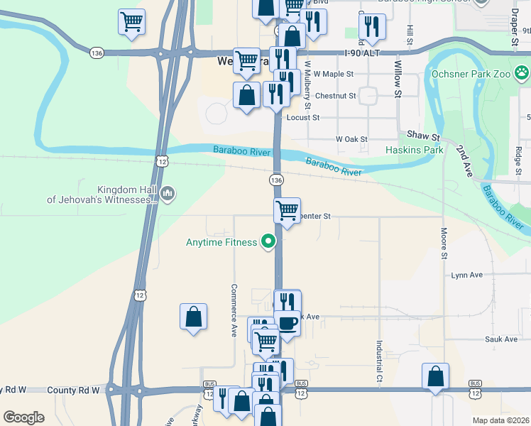 map of restaurants, bars, coffee shops, grocery stores, and more near E11086 Hatchery Road in Baraboo
