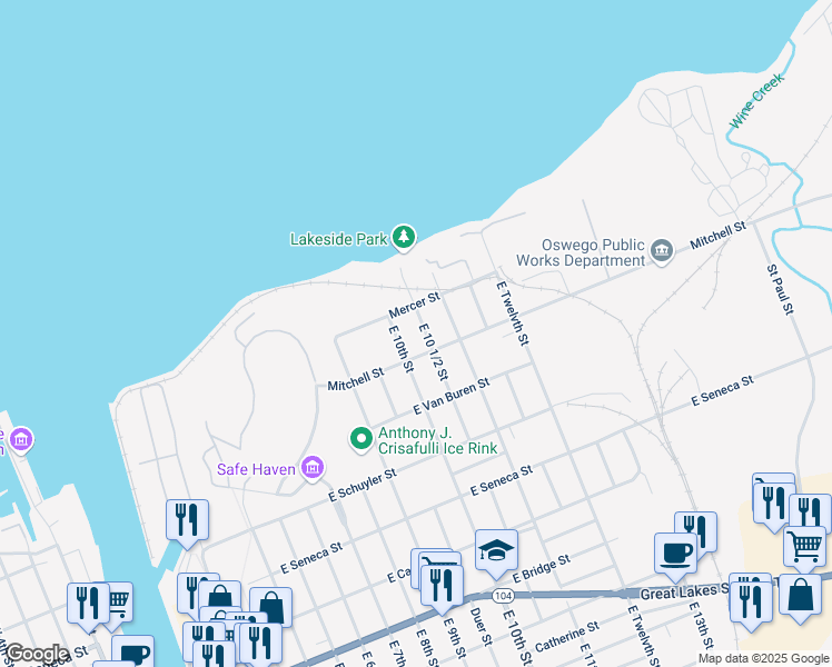 map of restaurants, bars, coffee shops, grocery stores, and more near 40 Mercer Street in Oswego
