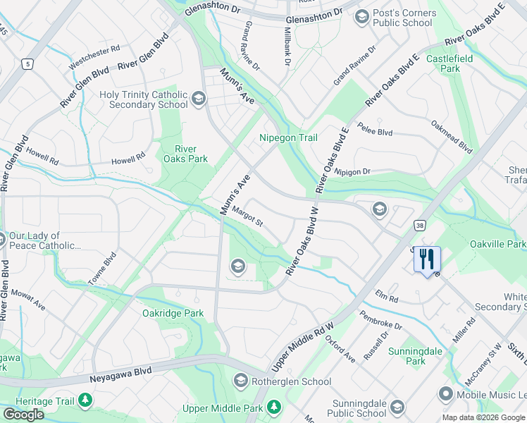 map of restaurants, bars, coffee shops, grocery stores, and more near 2178 Madden Boulevard in Oakville