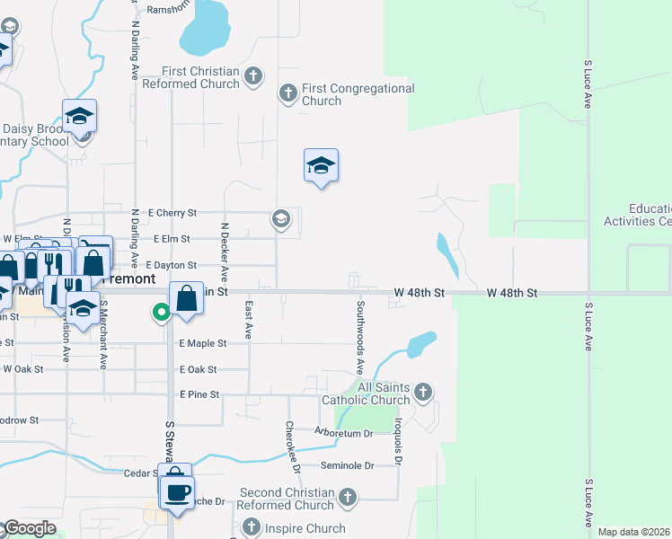 map of restaurants, bars, coffee shops, grocery stores, and more near 609 East Main Street in Fremont