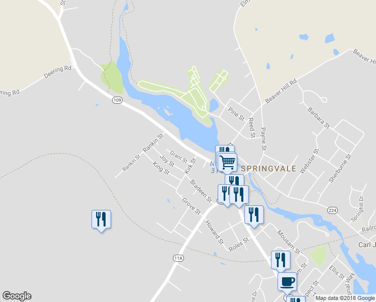 map of restaurants, bars, coffee shops, grocery stores, and more near 249 Main Street in Sanford