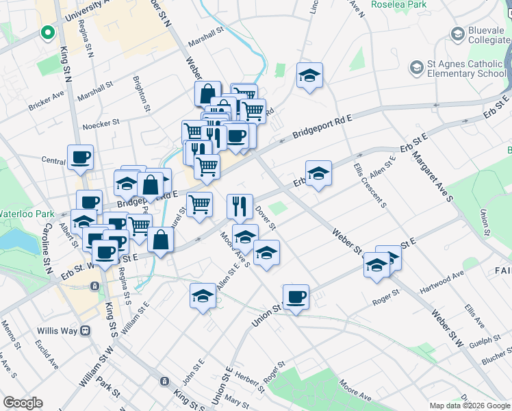 map of restaurants, bars, coffee shops, grocery stores, and more near 162 Erb Street East in Waterloo