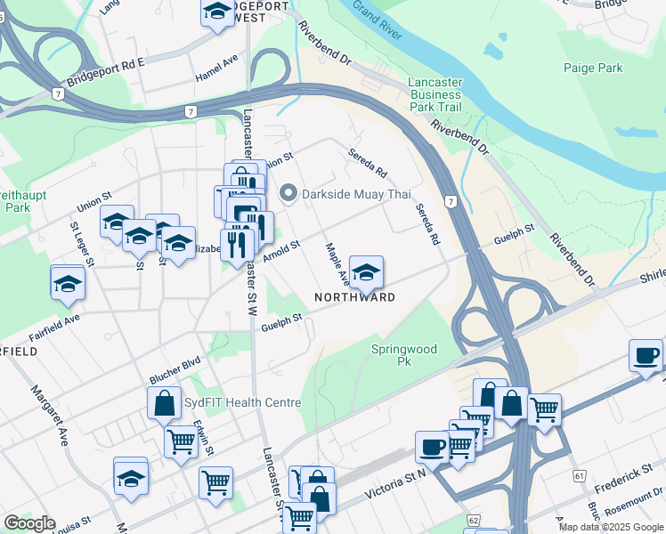 map of restaurants, bars, coffee shops, grocery stores, and more near 319 Maple Avenue in Kitchener