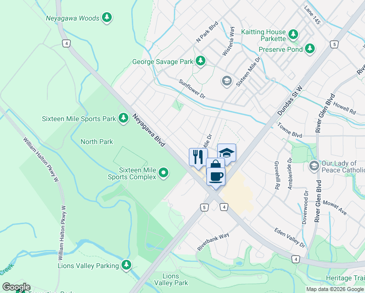 map of restaurants, bars, coffee shops, grocery stores, and more near 3118 Gladeside Avenue in Oakville