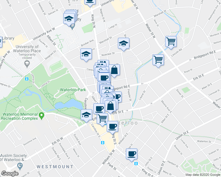 map of restaurants, bars, coffee shops, grocery stores, and more near 25 Young Street East in Waterloo