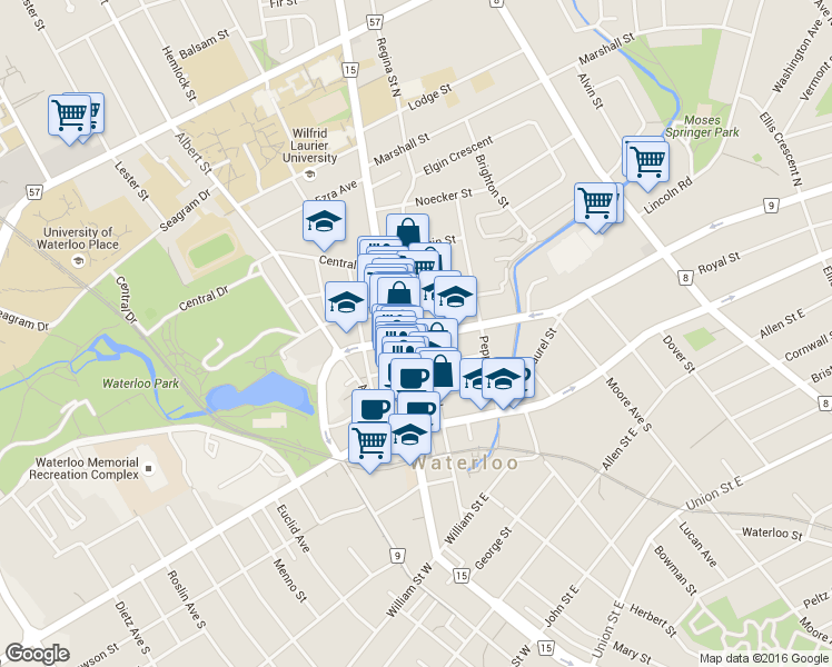 map of restaurants, bars, coffee shops, grocery stores, and more near 25 Young Street East in Waterloo