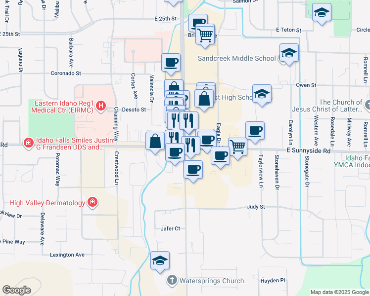map of restaurants, bars, coffee shops, grocery stores, and more near 3175 South 25th East in Idaho Falls