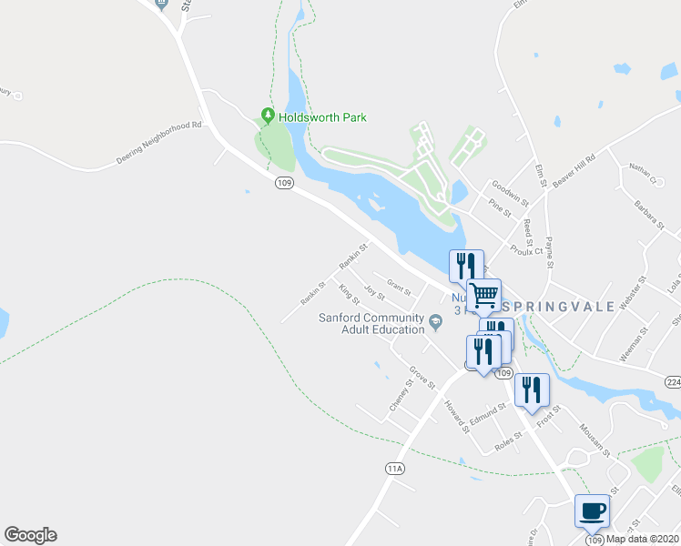 map of restaurants, bars, coffee shops, grocery stores, and more near 6 Rankin Street in Sanford
