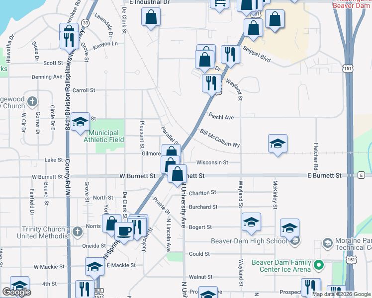 map of restaurants, bars, coffee shops, grocery stores, and more near 1300 North Spring Street in Beaver Dam