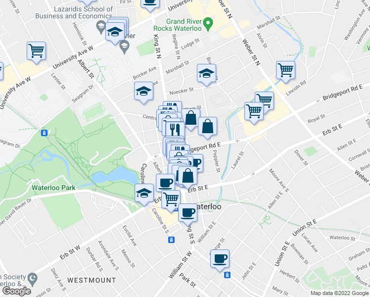 map of restaurants, bars, coffee shops, grocery stores, and more near 25 Young Street East in Waterloo