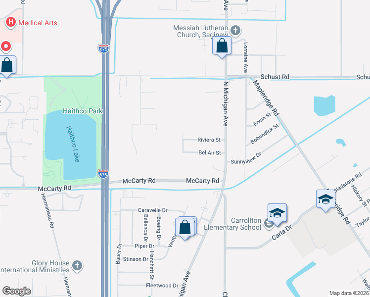 map of restaurants, bars, coffee shops, grocery stores, and more near 1664 Riviera Street in Saginaw