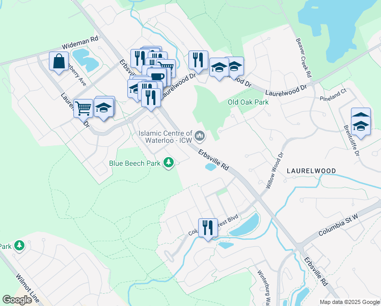 map of restaurants, bars, coffee shops, grocery stores, and more near 692 Wild Ginger Avenue in Waterloo