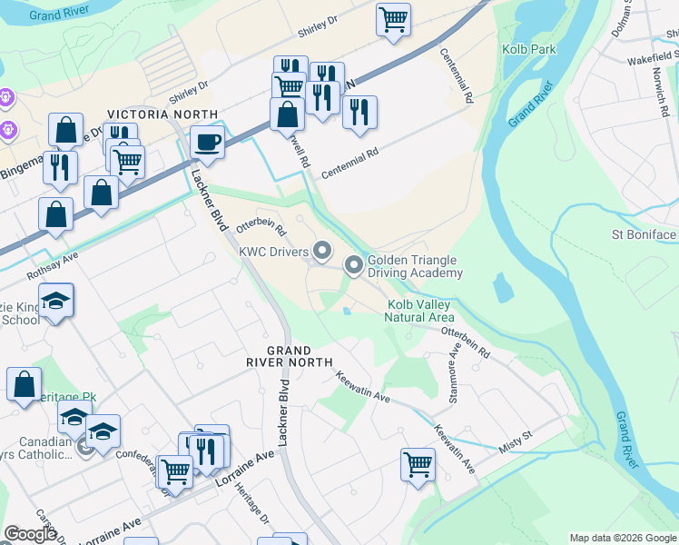 map of restaurants, bars, coffee shops, grocery stores, and more near 37 Forwell Road in Kitchener