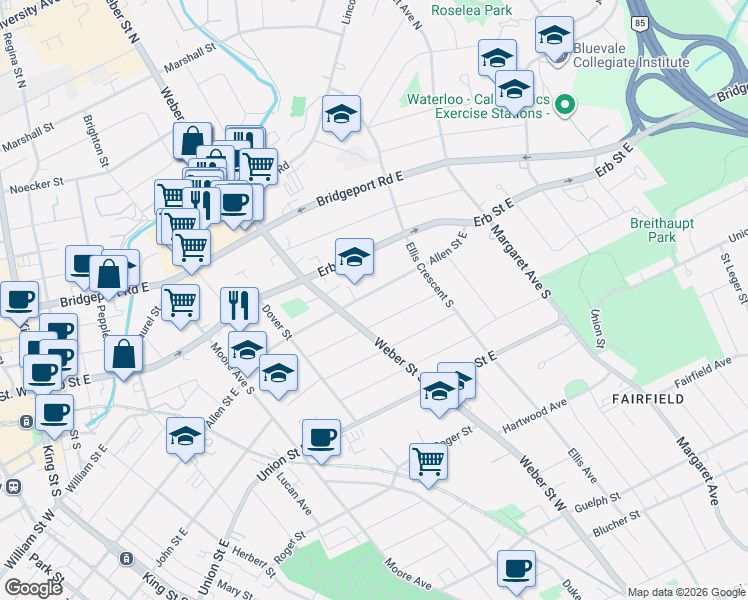map of restaurants, bars, coffee shops, grocery stores, and more near 199 Allen Street East in Waterloo