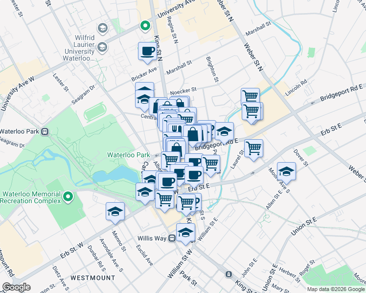 map of restaurants, bars, coffee shops, grocery stores, and more near 12 Bridgeport Road East in Waterloo