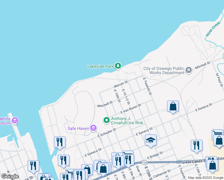 map of restaurants, bars, coffee shops, grocery stores, and more near 21 Mercer Street in Oswego