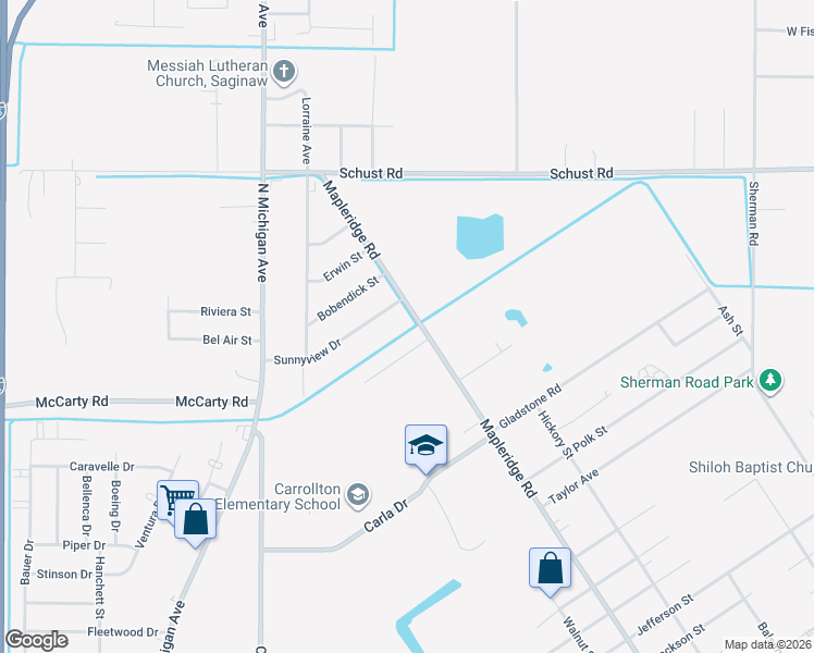 map of restaurants, bars, coffee shops, grocery stores, and more near 1900 Mapleridge Road in Saginaw